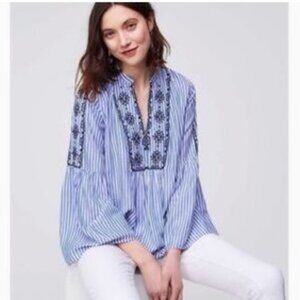 LOFT XS-small Navy and White Striped Top with Embroidery -long sleeve